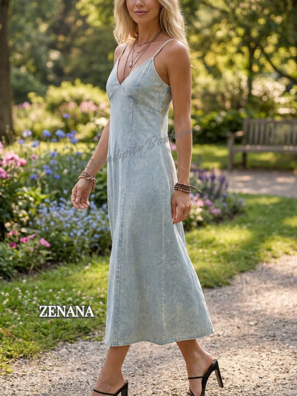 Zenana Eco Sustainable Tencel Lightweight Mineral Wash Denim Strap Maxi Dress - Picture 2 of 8